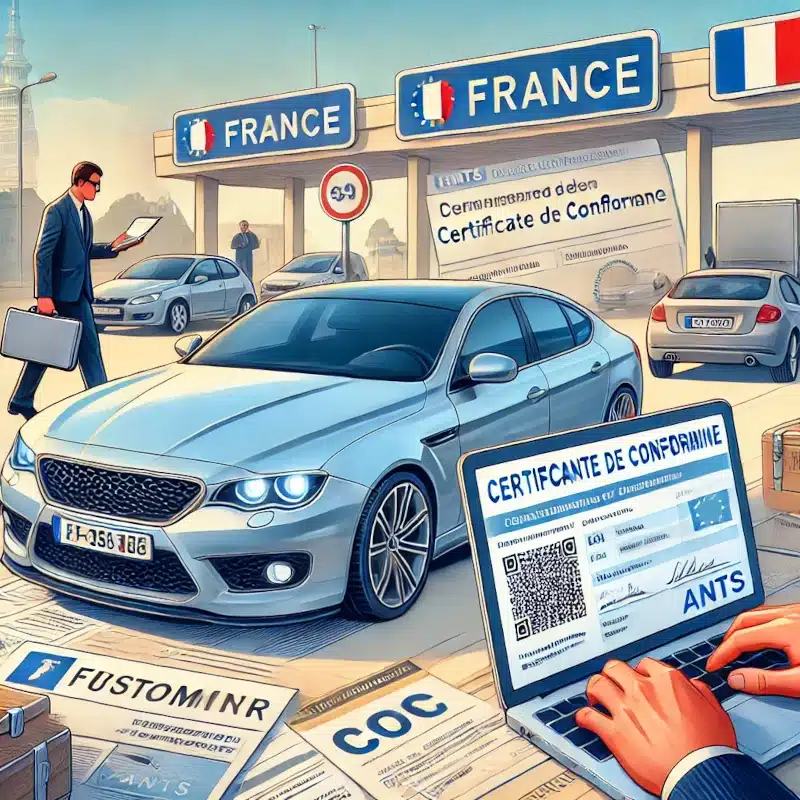 Importing and registering a vehicle in France Certificate of Conformity (COC) Car-COC.com French vehicle import regulations French vehicle registration (Carte Grise) ANTS (Agence Nationale des Titres Sécurisés) Quitus Fiscal French tax office (TVA - VAT) Customs duties French license plates